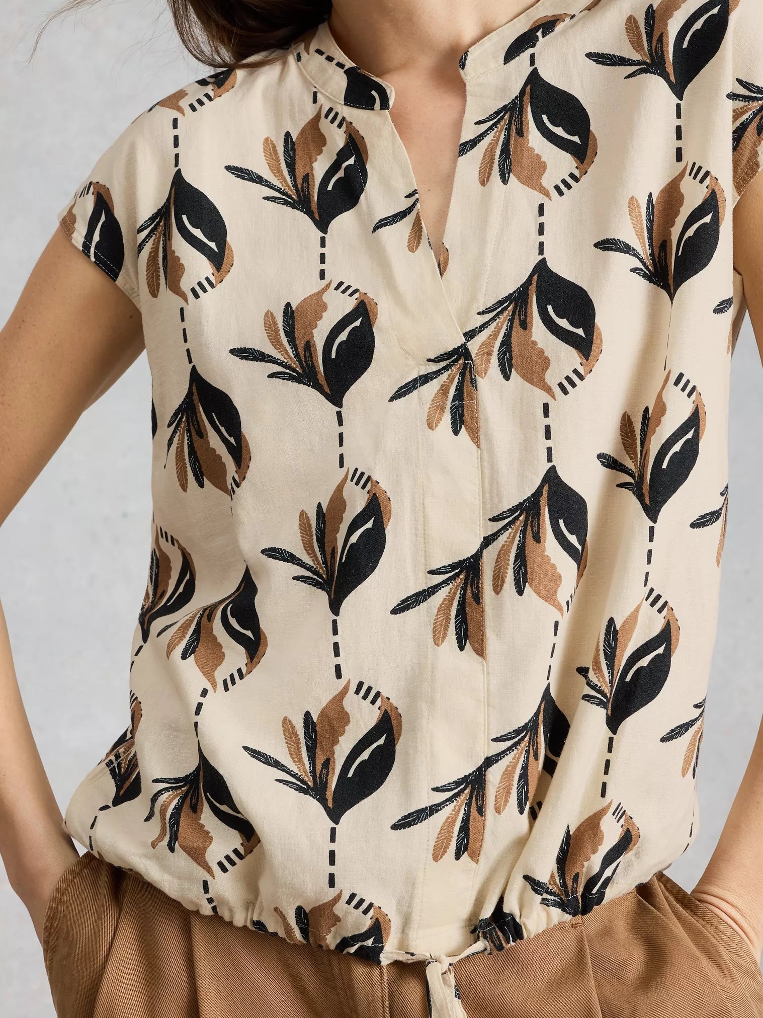 White Stuff Nicole Linen Blend Top Ivory Print