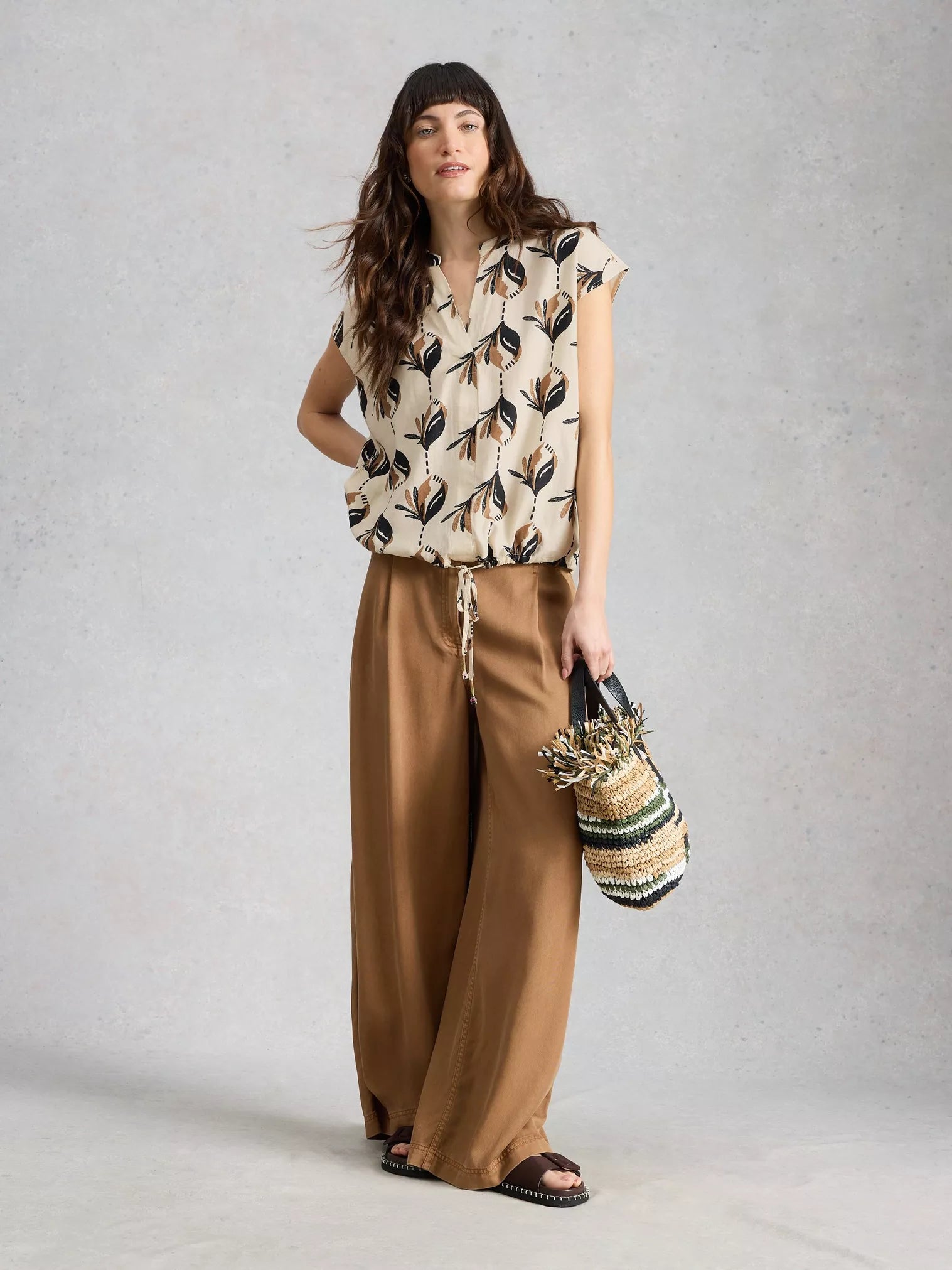 White Stuff Nicole Linen Blend Top Ivory Print