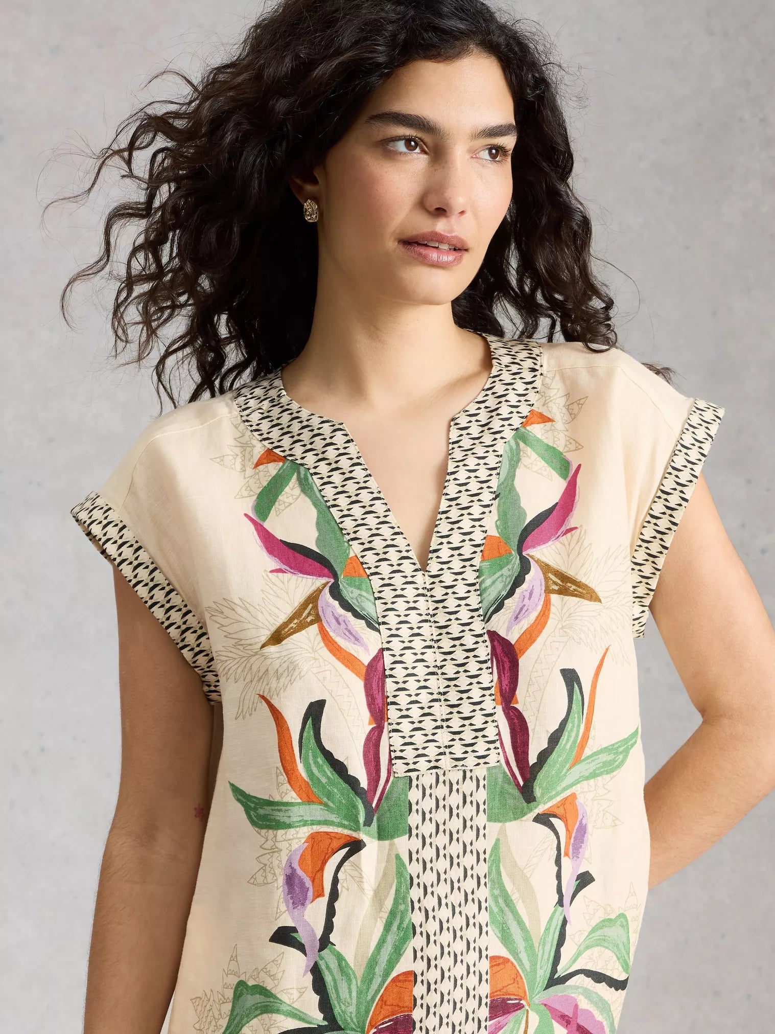 White Stuff Jilly Linen Dress Natural Print