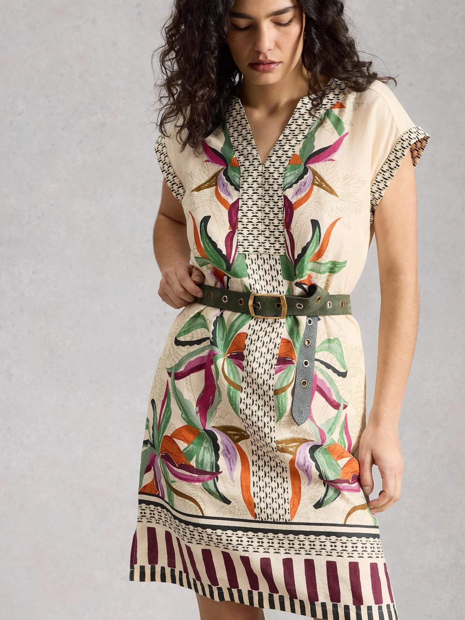 White Stuff Jilly Linen Dress Natural Print