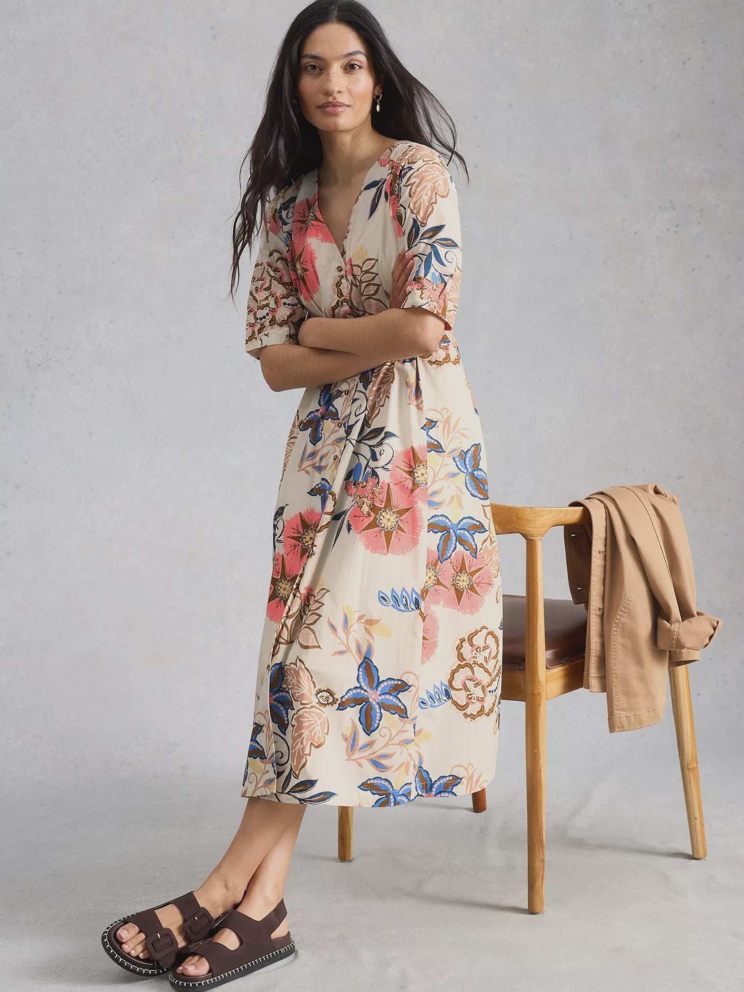 White Stuff Kate Button Through Midi Dress Ivory Print