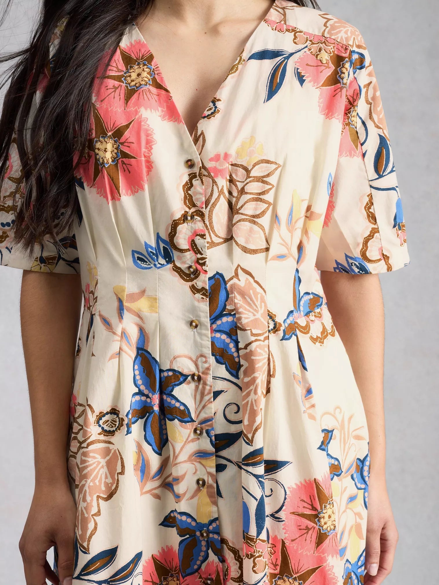 White Stuff Kate Button Through Midi Dress Ivory Print