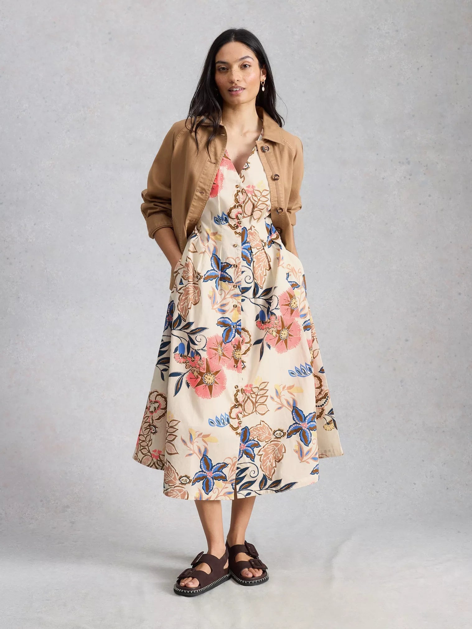 White Stuff Kate Button Through Midi Dress Ivory Print