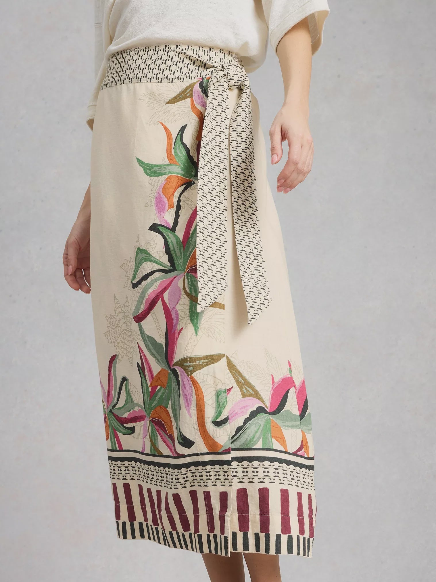 White Stuff Alba Linen Blend Wrap Skirt Natural Print