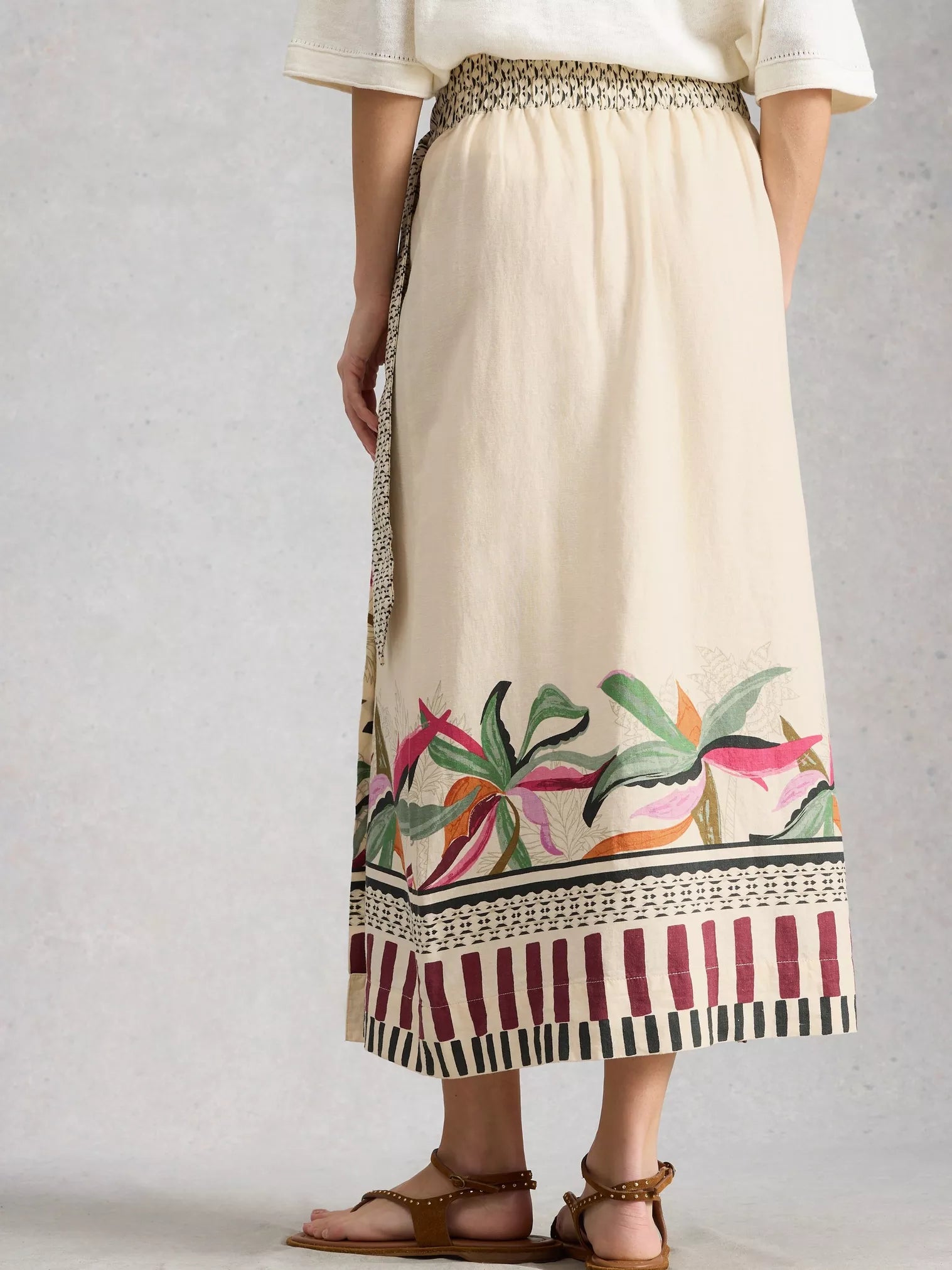 White Stuff Alba Linen Blend Wrap Skirt Natural Print