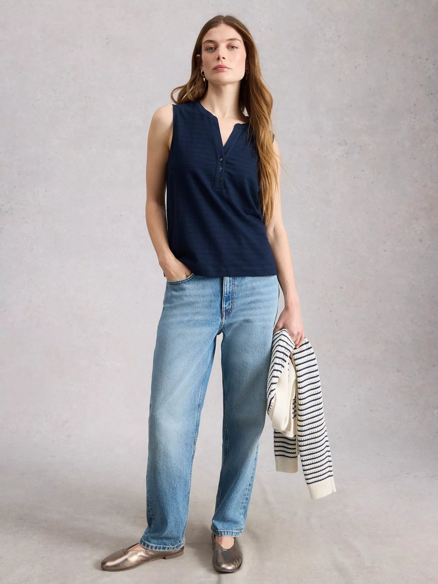 White Stuff Nora Texture Notch Vest Dark Navy