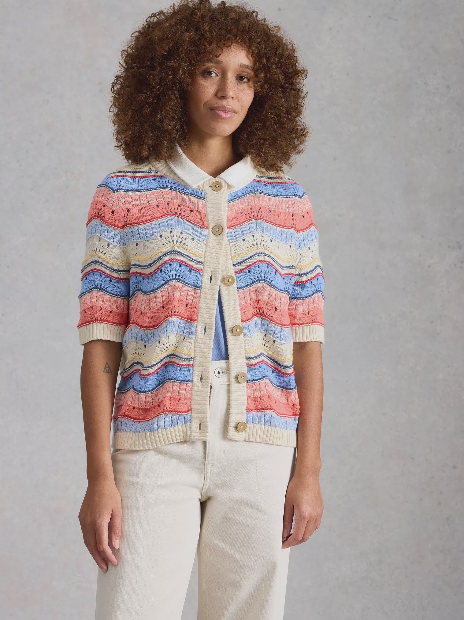 White Stuff Isabella Wavy Cardi Ivory Multi