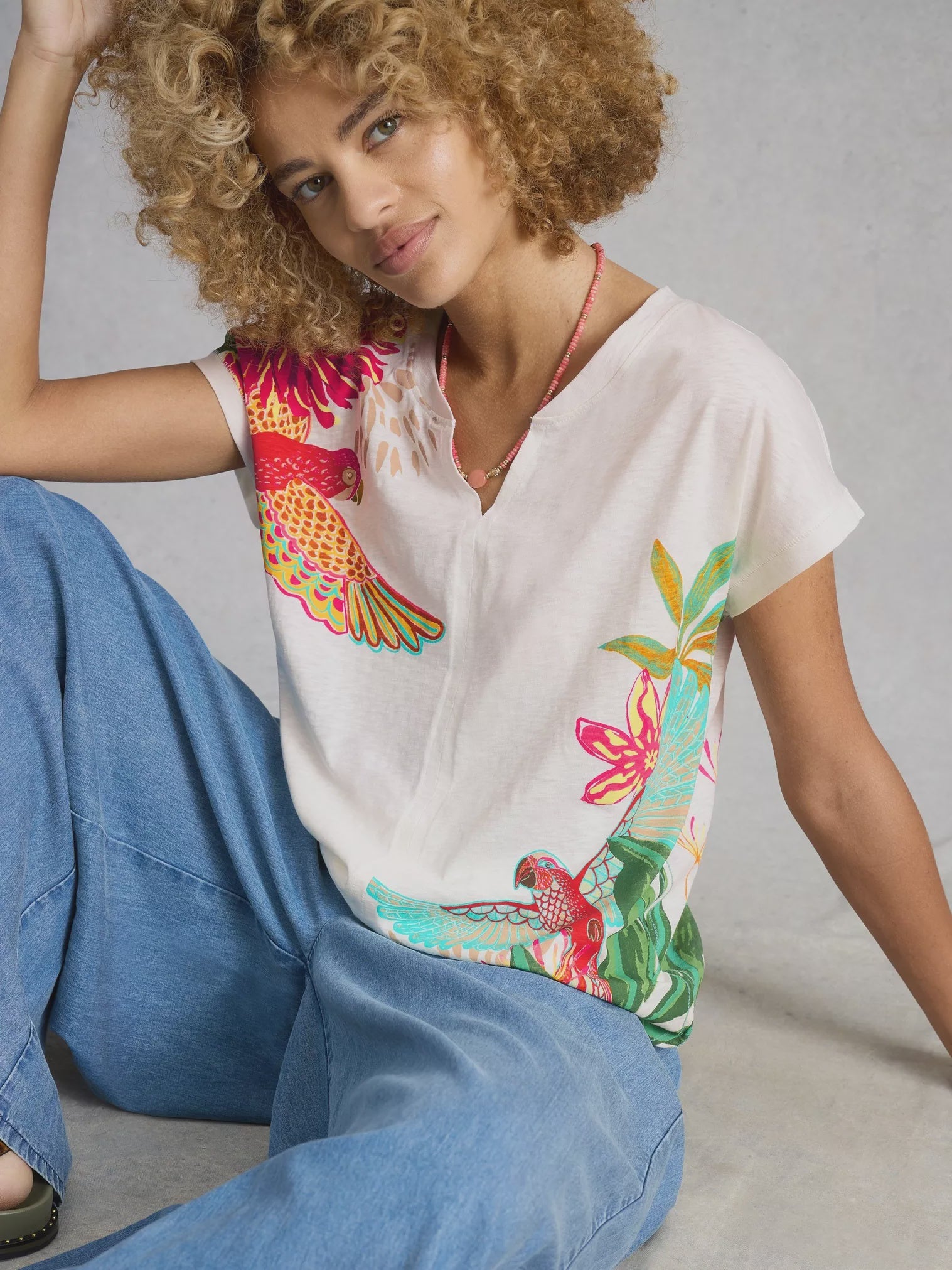 White Stuff Nelly Notch Neck Tee White Multi