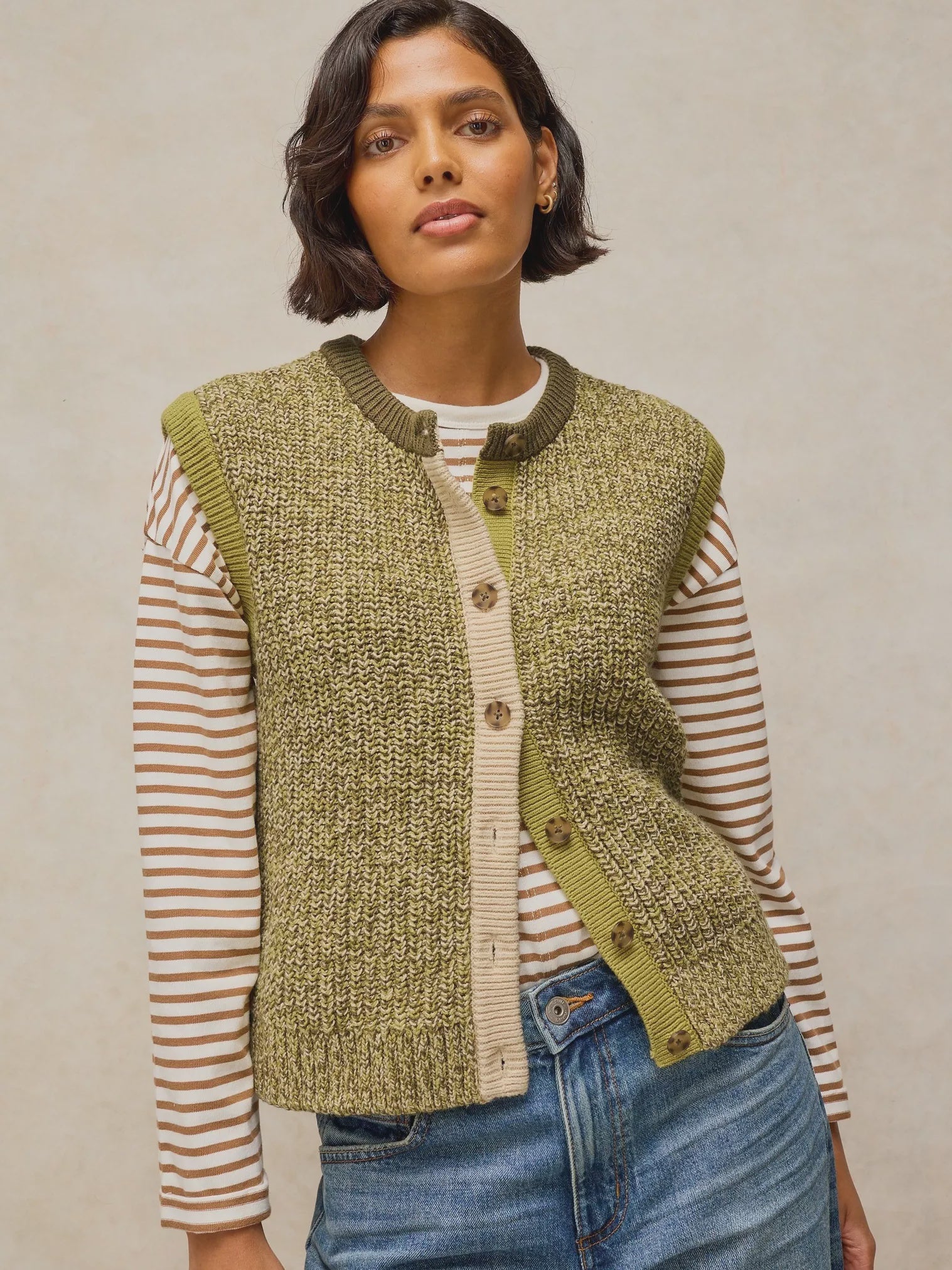 White Stuff Twist Button Tank Green Multi