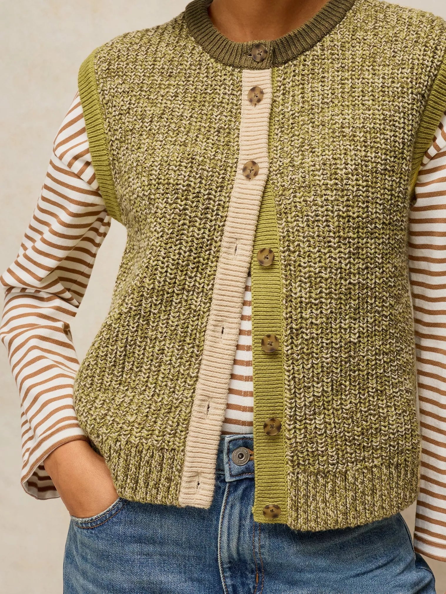 White Stuff Twist Button Tank Green Multi
