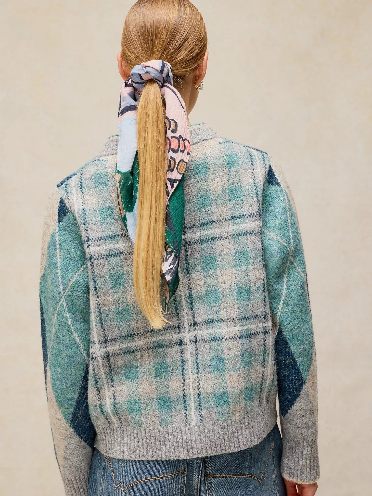 White Stuff Argyle Check Cardi Blue Multi