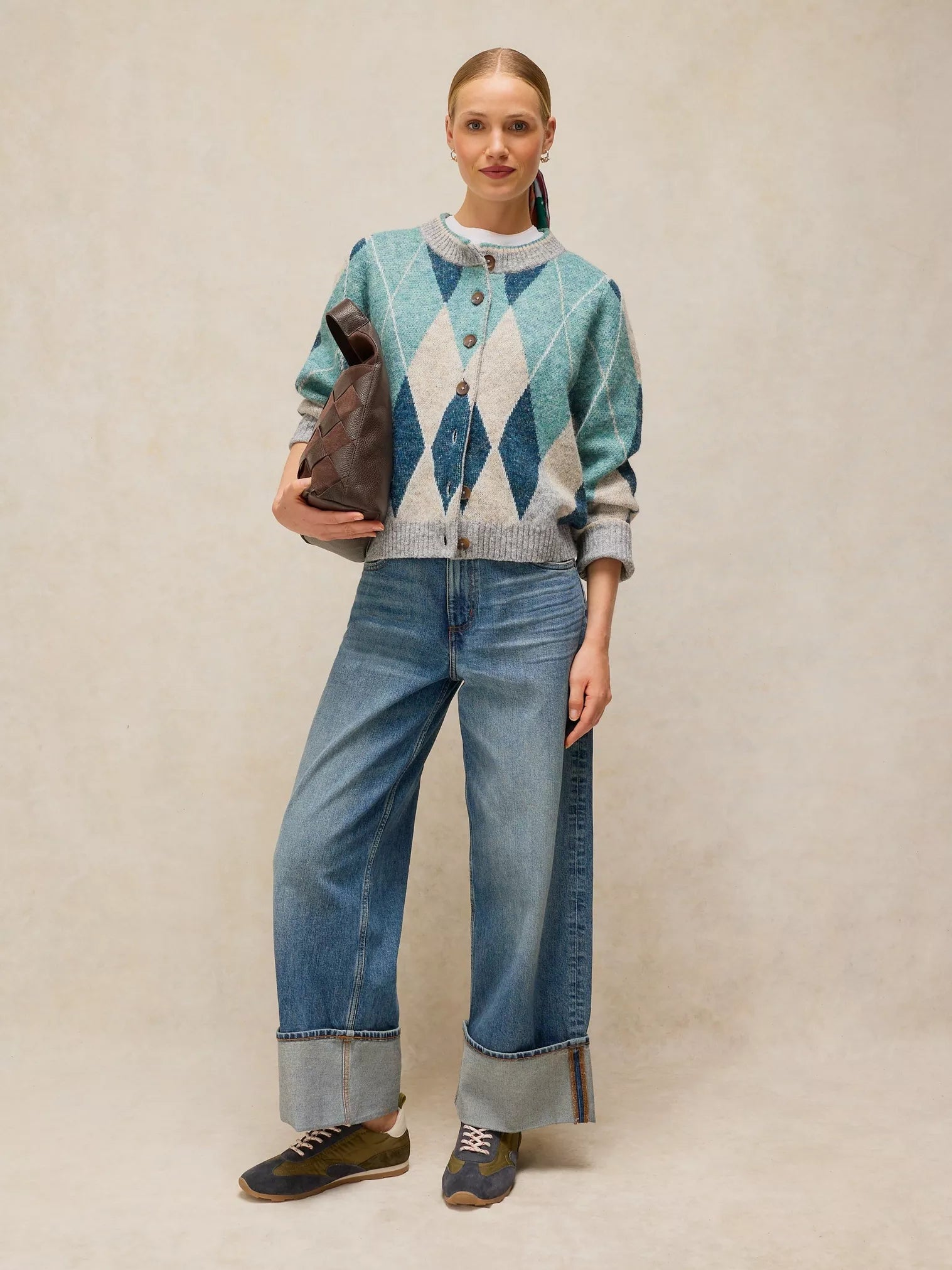 White Stuff Argyle Check Cardi Blue Multi