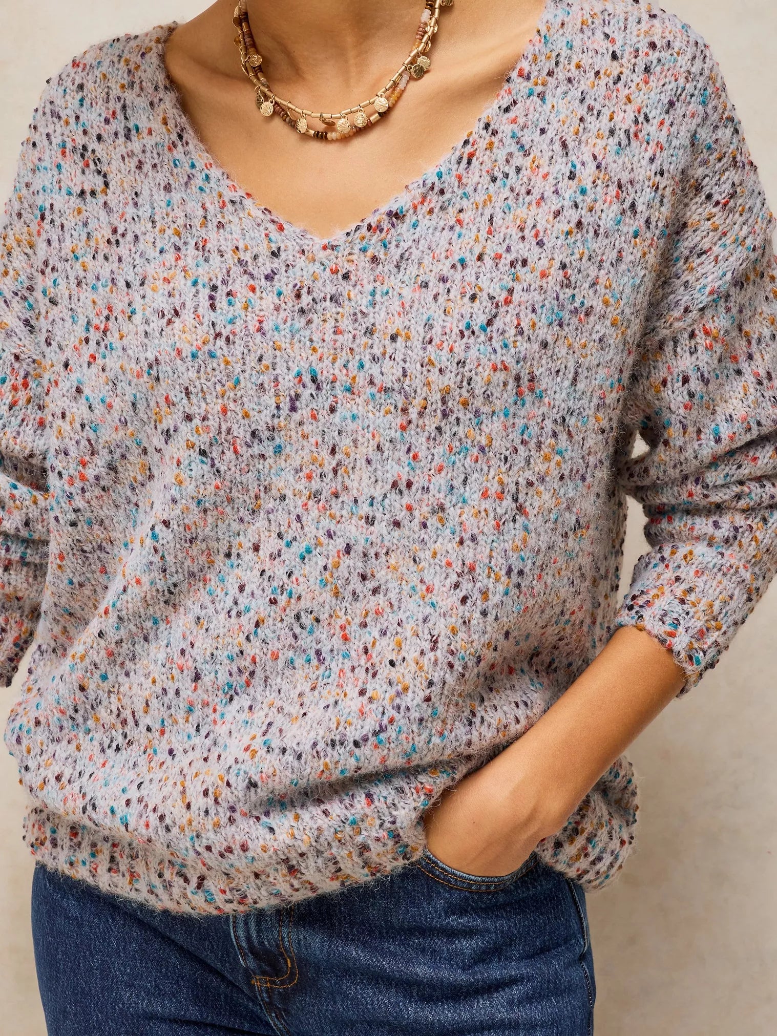 White Stuff Texture V Neck Jumper Light Natural