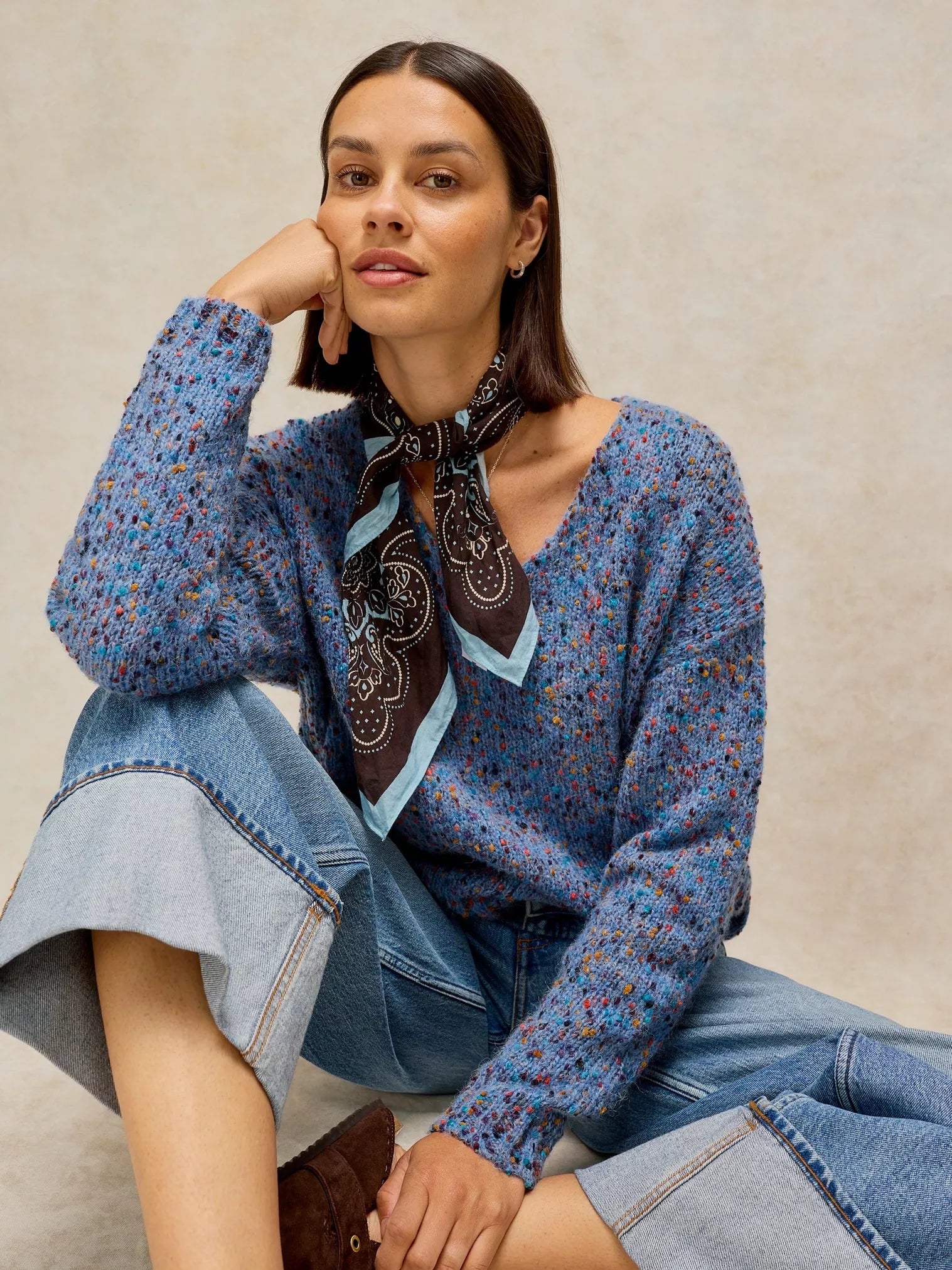 White Stuff Texture V Neck Jumper Mid Blue