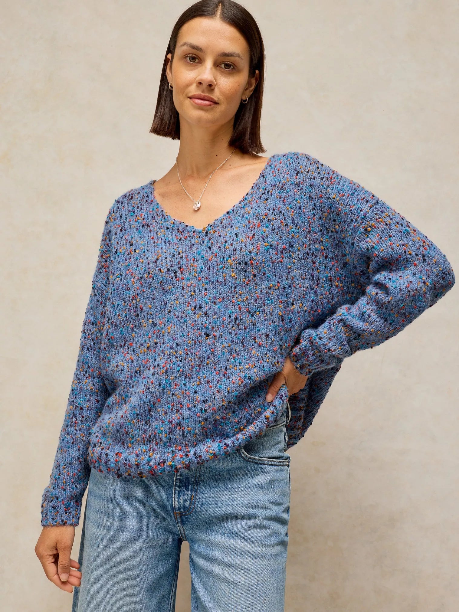 White Stuff Texture V Neck Jumper Mid Blue