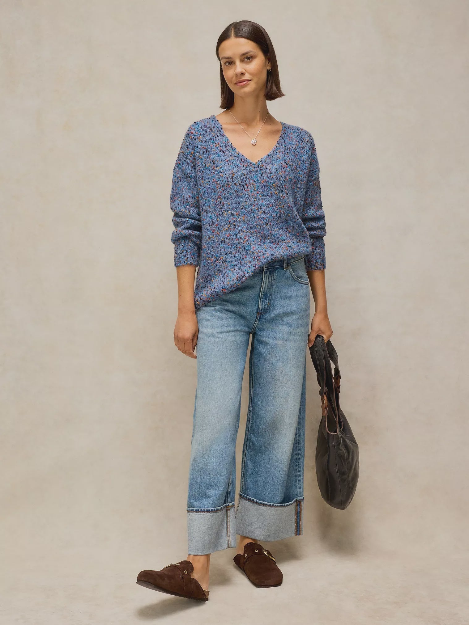 White Stuff Texture V Neck Jumper Mid Blue