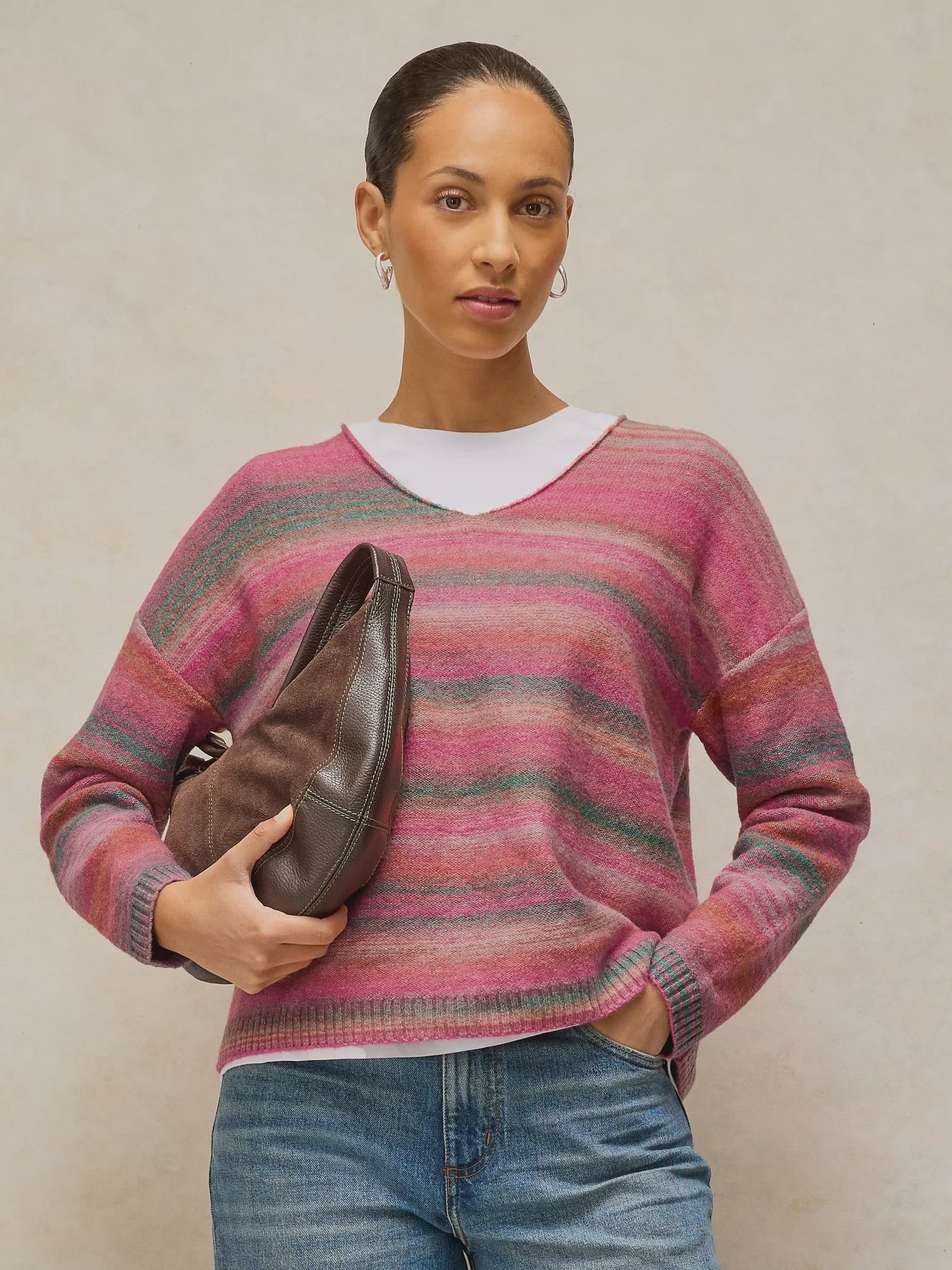 White Stuff Spacedye V Neck Jumper Pink Multi