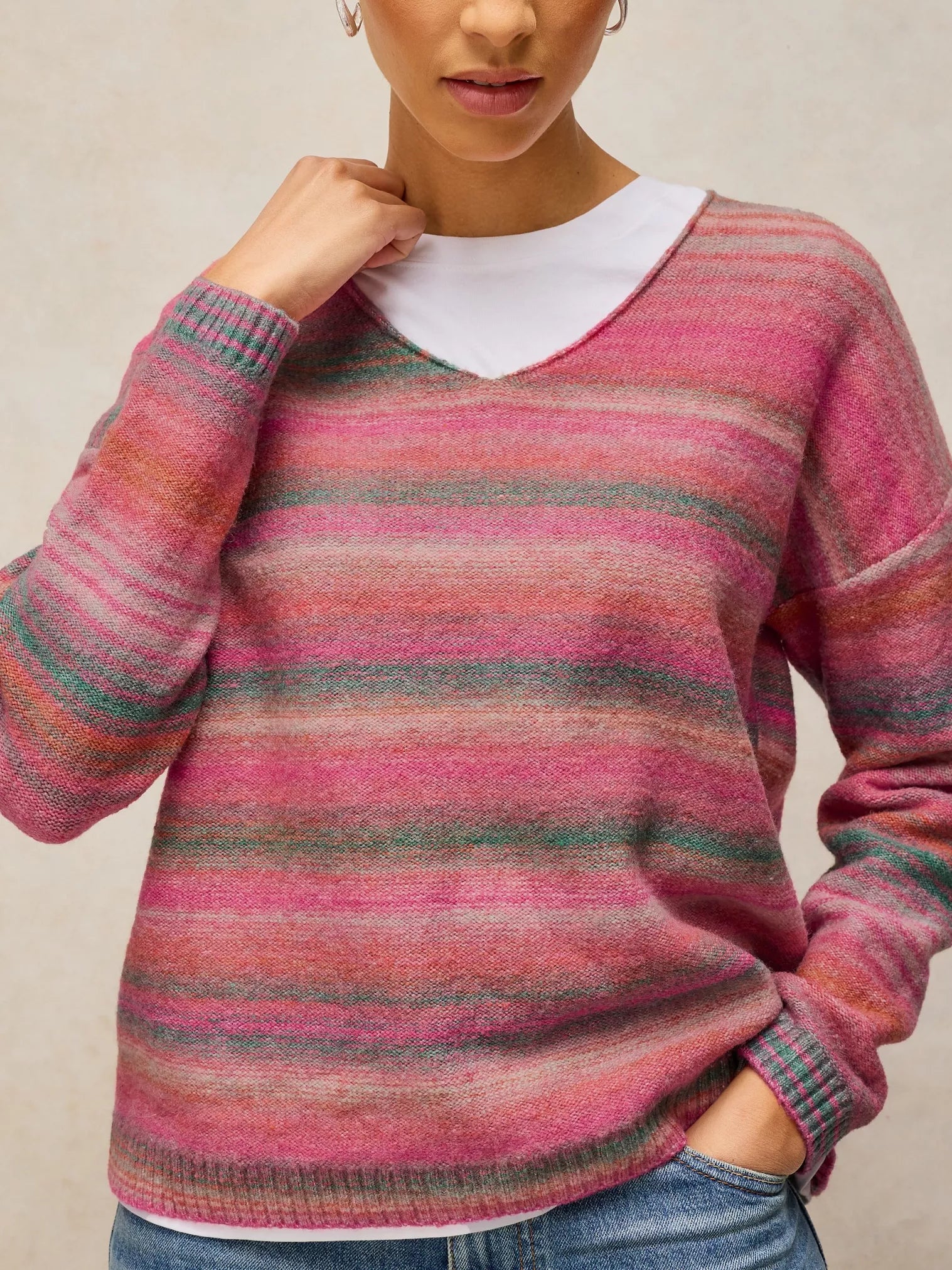 White Stuff Spacedye V Neck Jumper Pink Multi