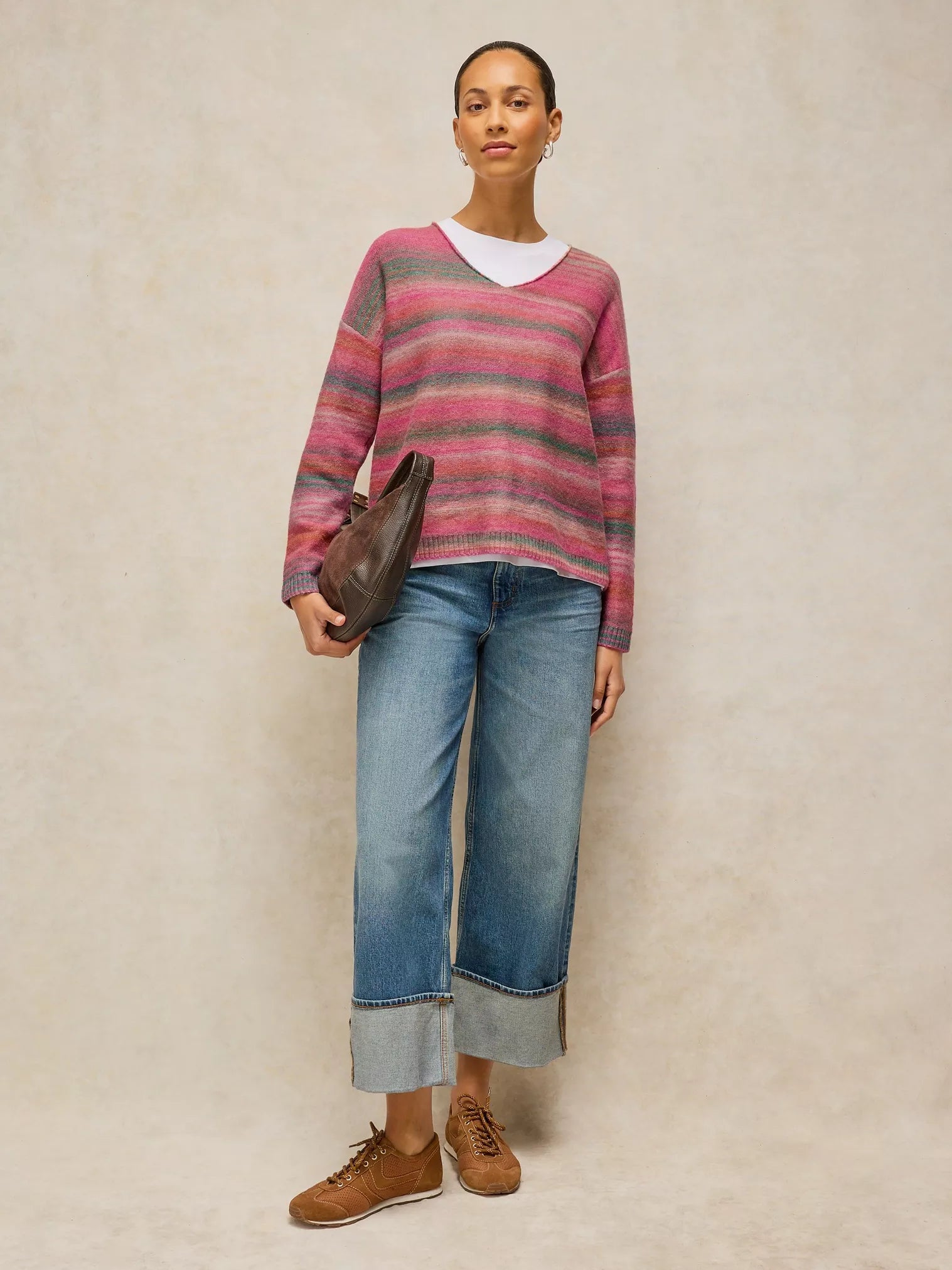 White Stuff Spacedye V Neck Jumper Pink Multi