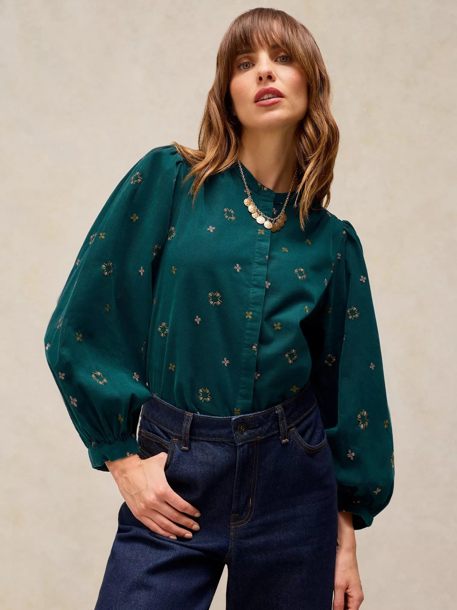 White Stuff Lana Embroidered Cord Top Dark Teal