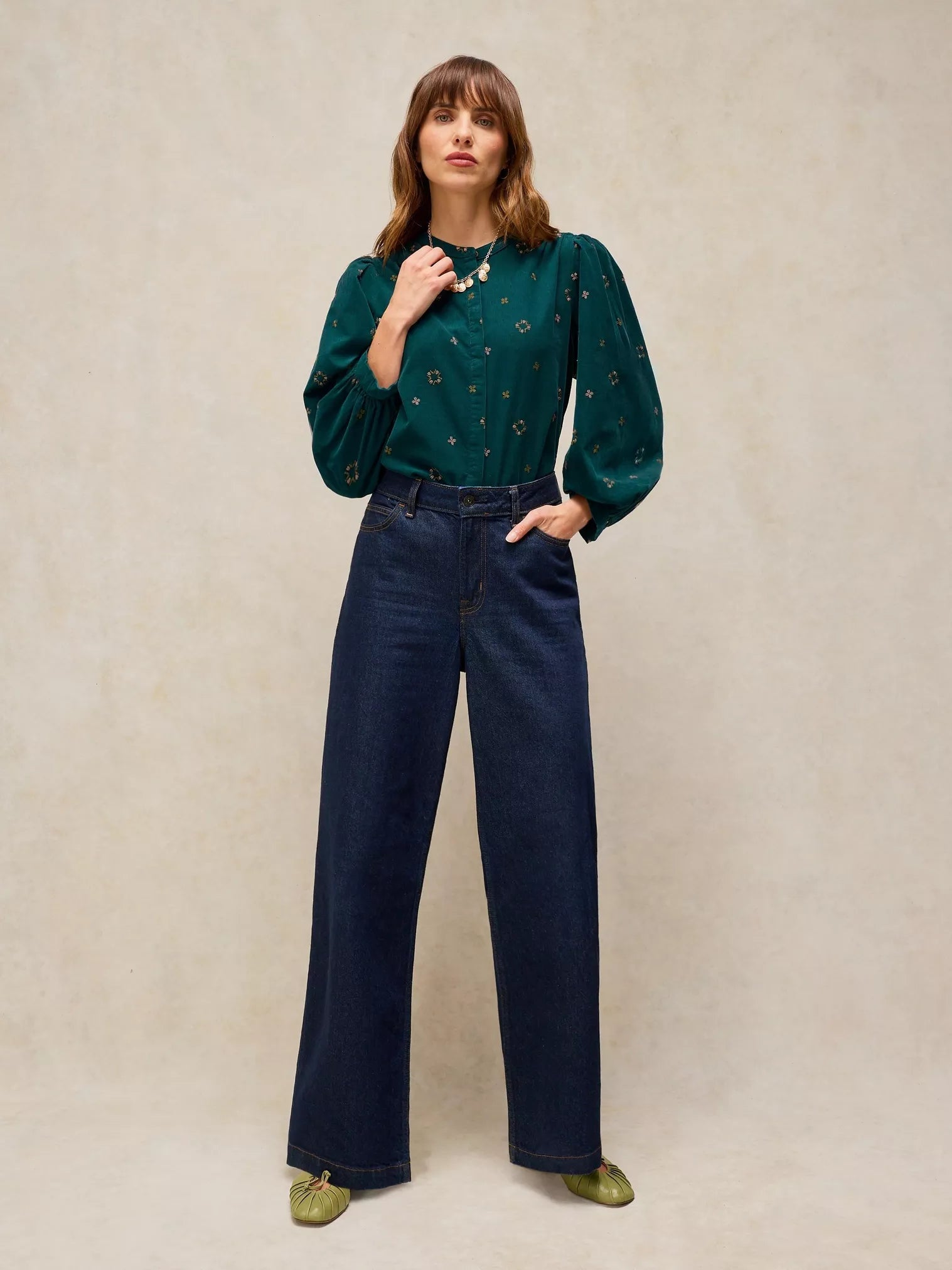 White Stuff Lana Embroidered Cord Top Dark Teal