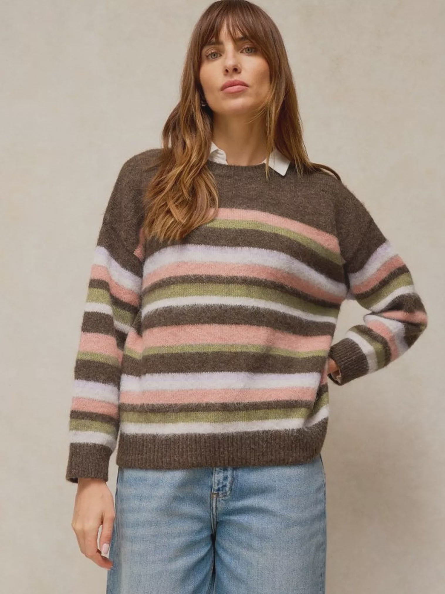 White Stuff Blurred Stripe Jumper Brown Multi