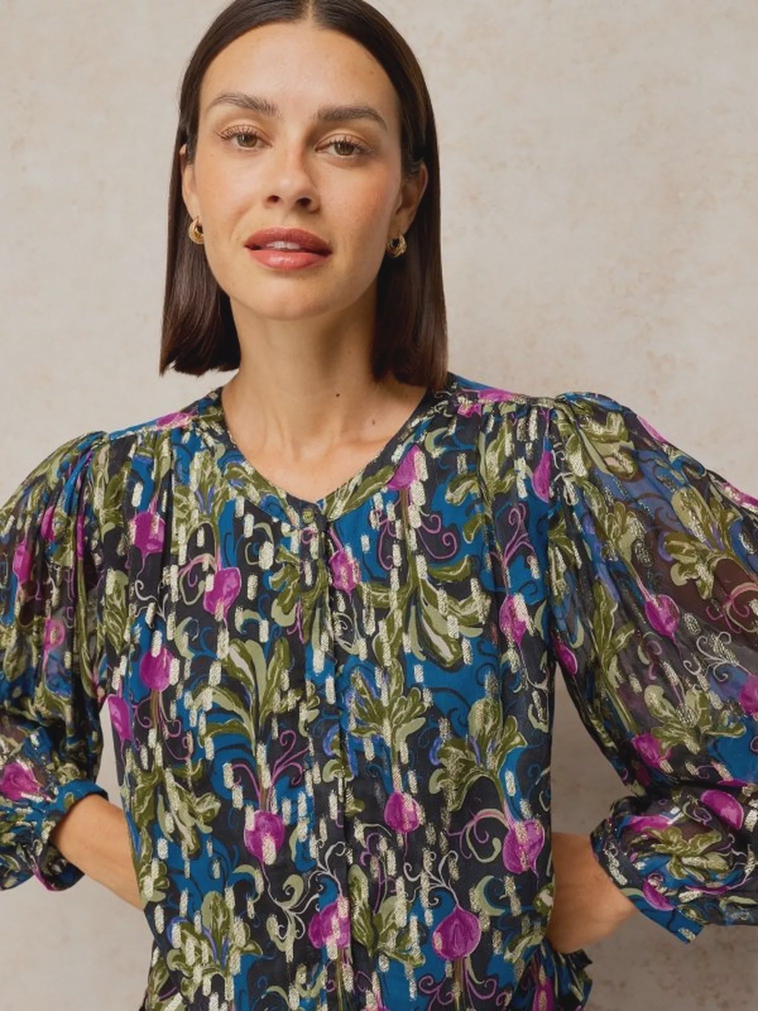 White Stuff Lana Lurex Top Navy Print