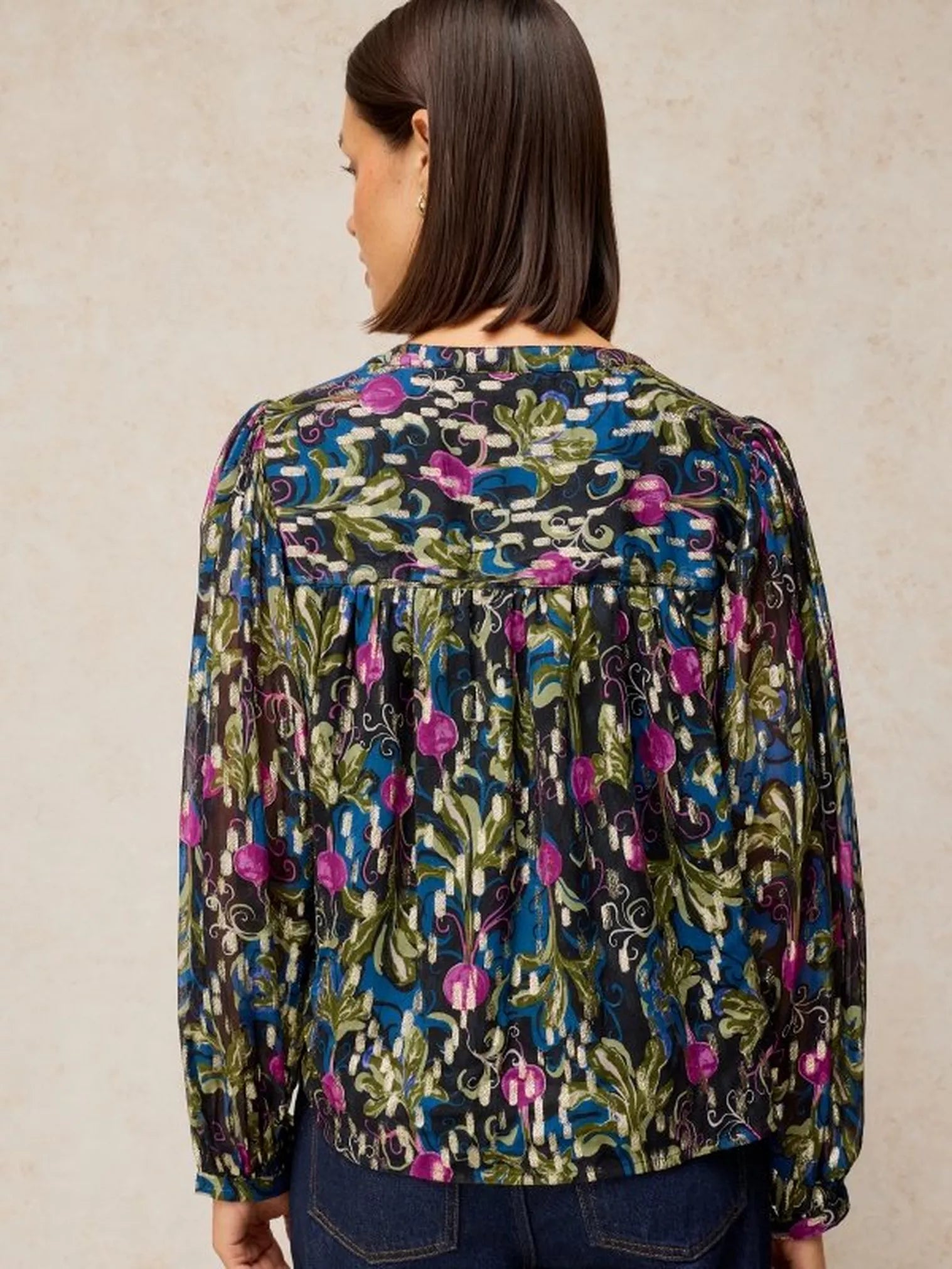 White Stuff Lana Lurex Top Navy Print