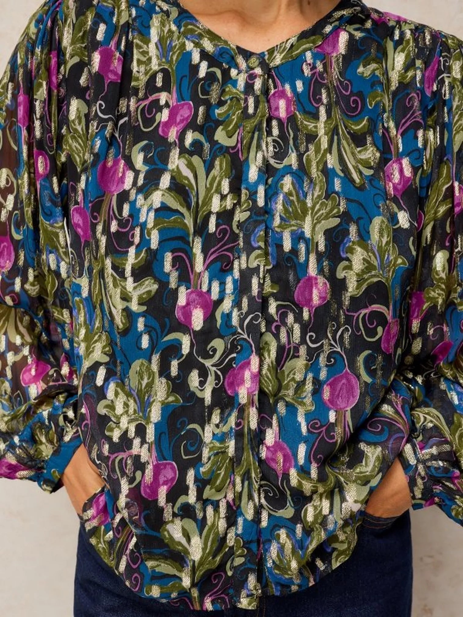 White Stuff Lana Lurex Top Navy Print