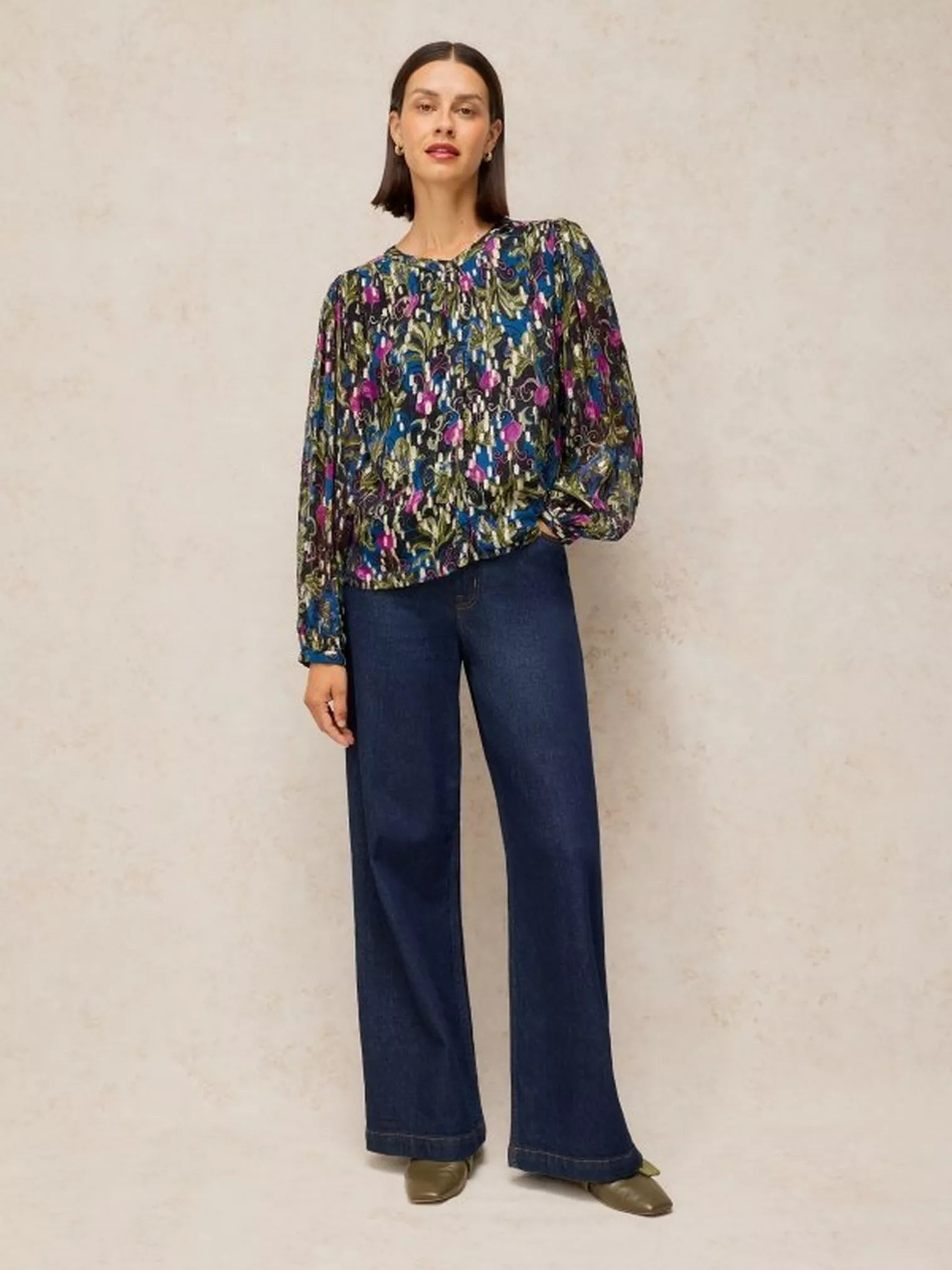 White Stuff Lana Lurex Top Navy Print