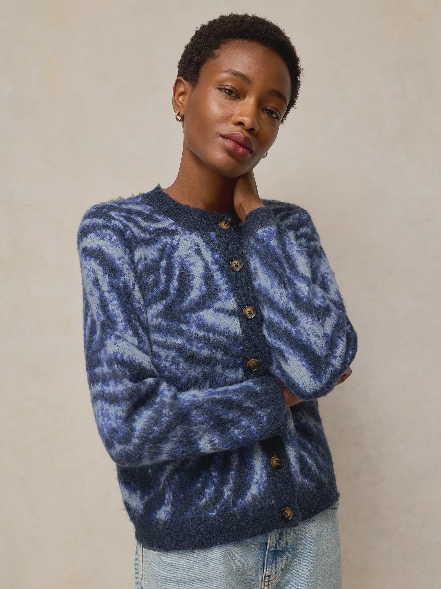White Stuff Fluffy Animal Cardi Blue Multi