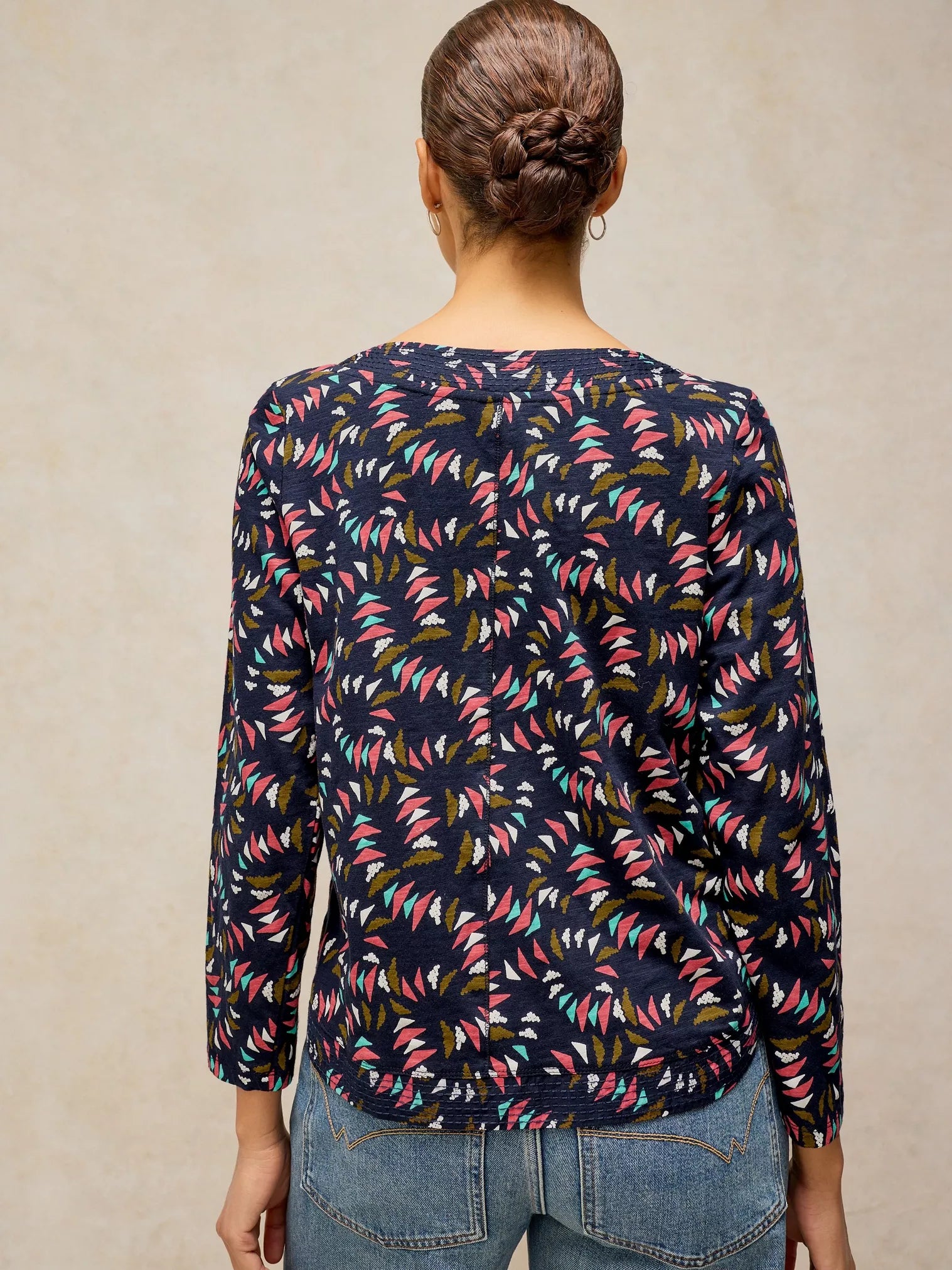 White Stuff Weaver Notch Ls Tee Navy Print