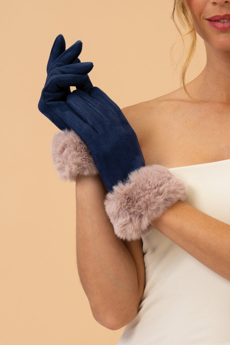 Powder Bettina Faux Suede/Faux Fur Gloves - Navy/Taupe
