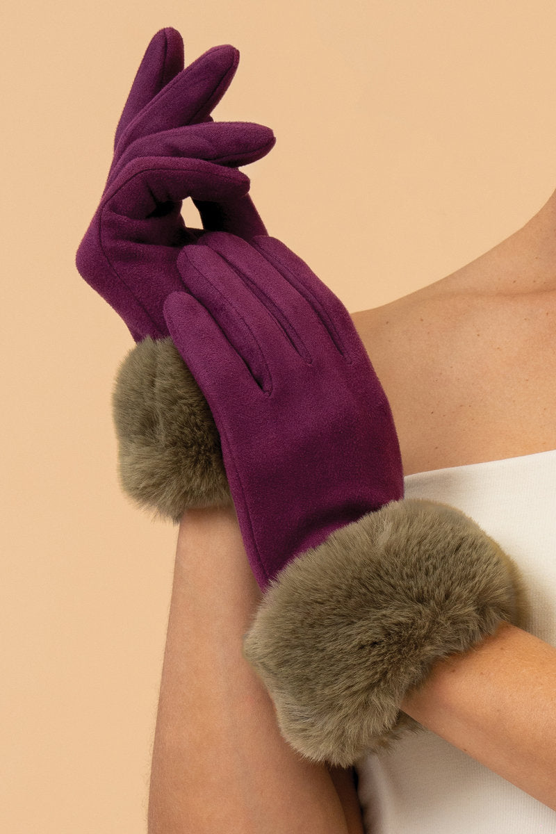 Powder Bettina Faux Suede/Faux Fur Gloves - Damson/Olive