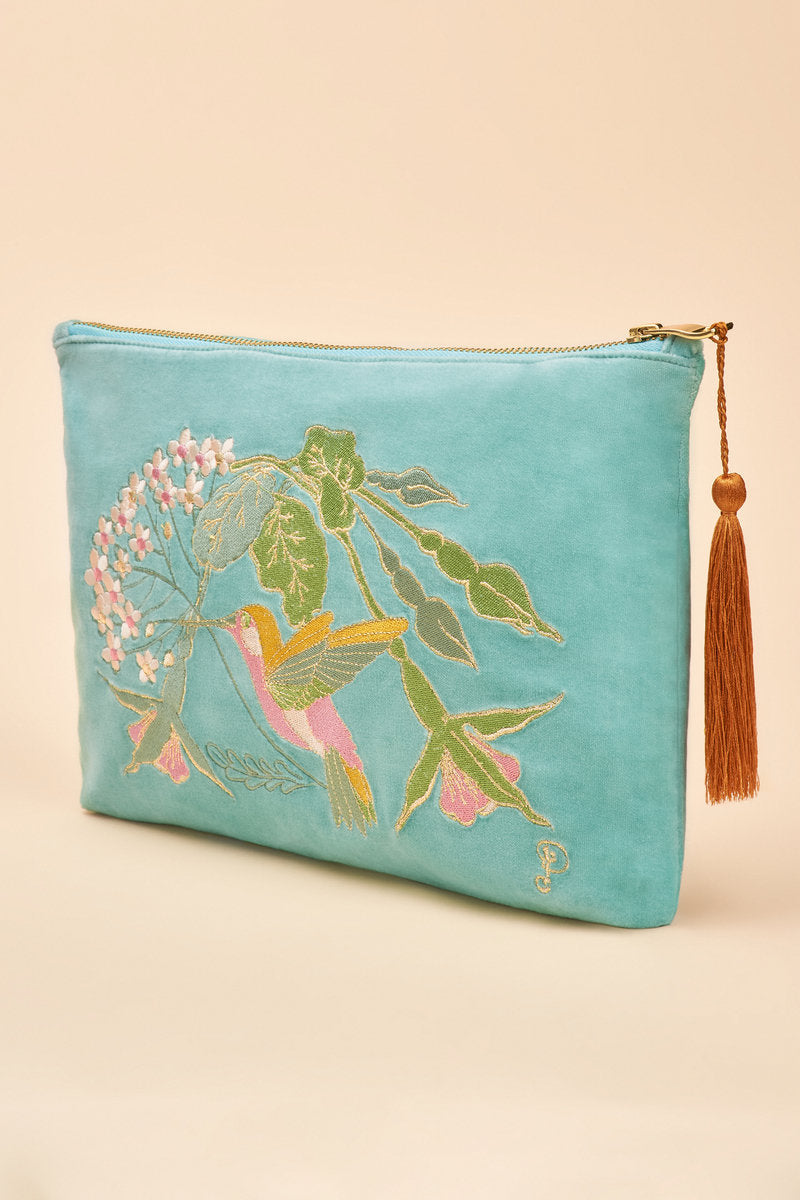 Powder Velvet Zip Pouch - Hummingbird - Aqua