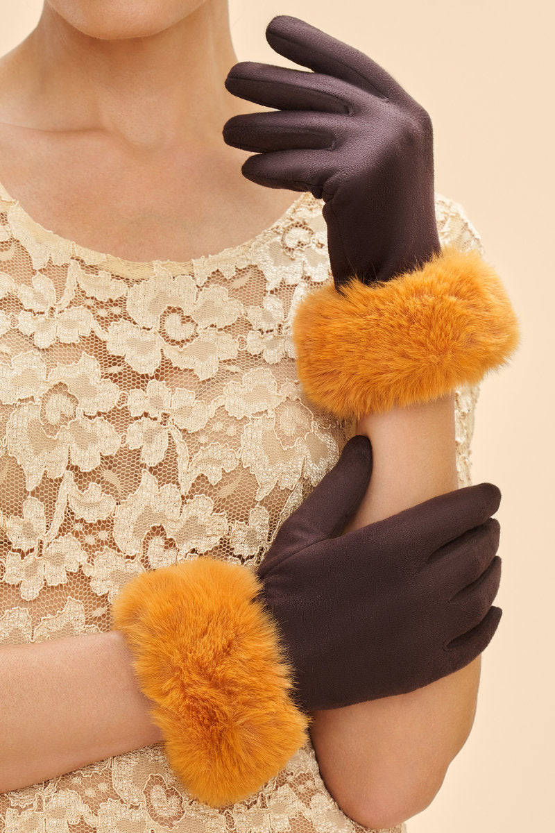 Powder Bettina Faux Suede/Faux Fur Gloves in Choc/Must