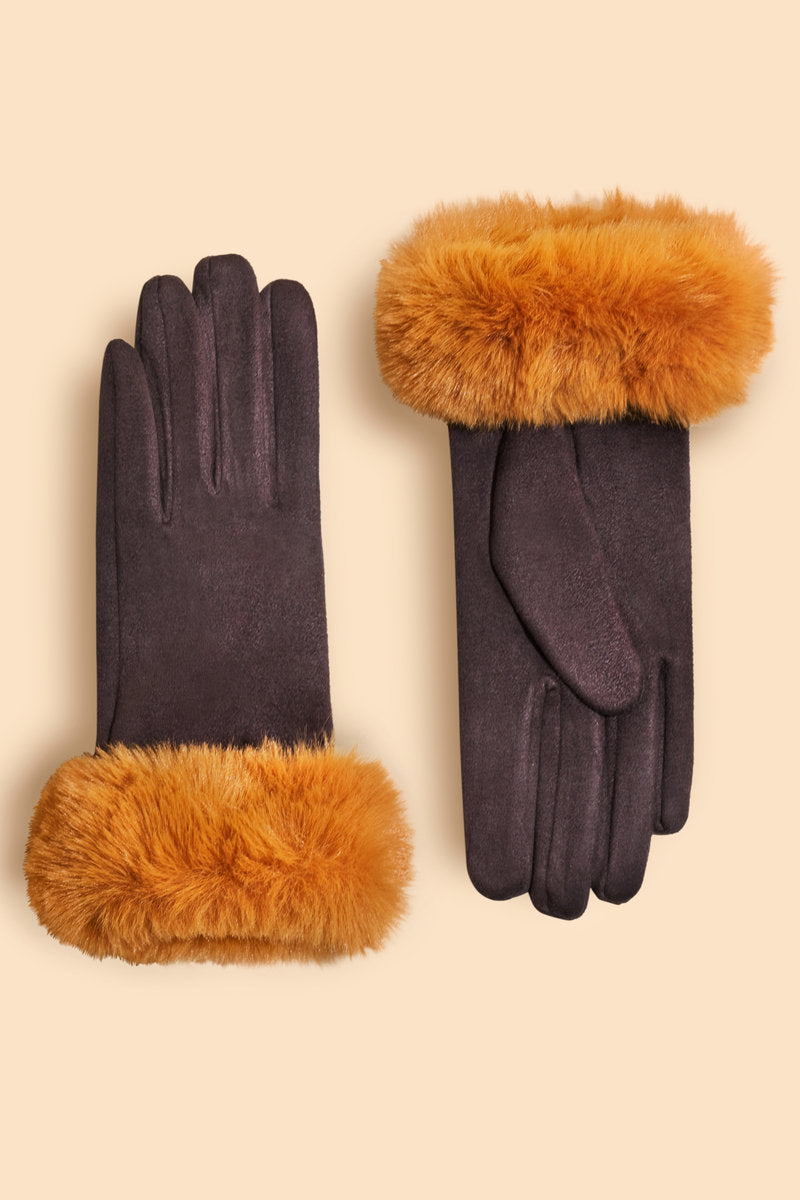 Powder Bettina Faux Suede/Faux Fur Gloves in Choc/Must