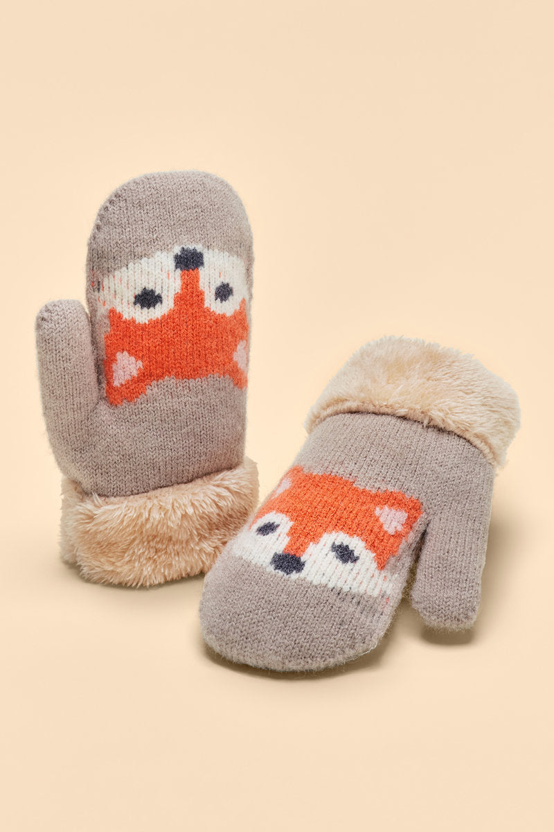 Powder Children's Knitted Fox Mittens - Slate