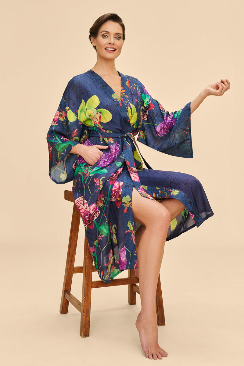 Powder Exotic Evening Kimono Gown - Ink