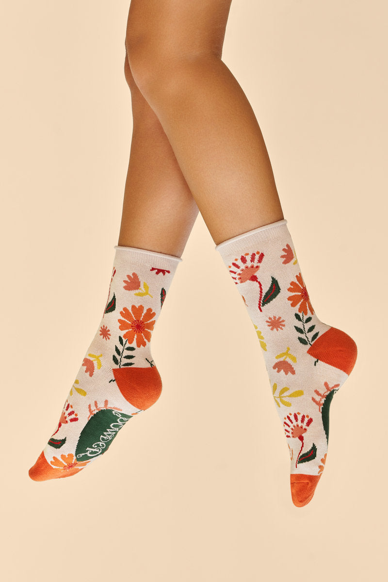 Powder Watercolour Flowers Ankle Socks - Cream