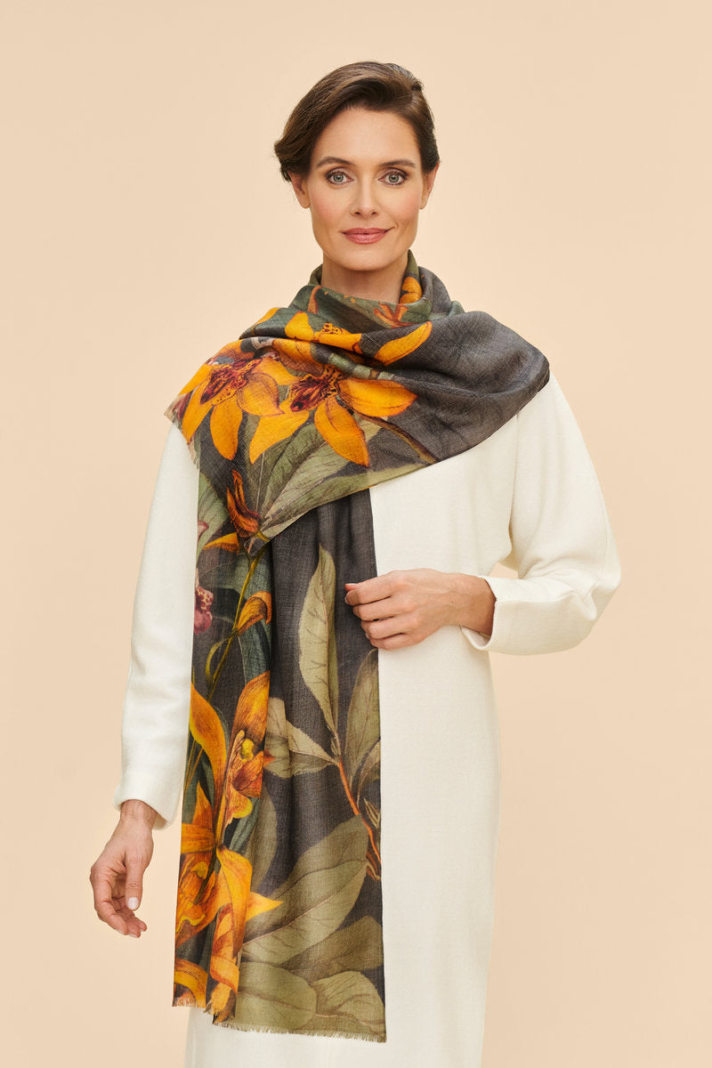 Powder Botany Bliss in Charcoal Wool Wrap Scarf