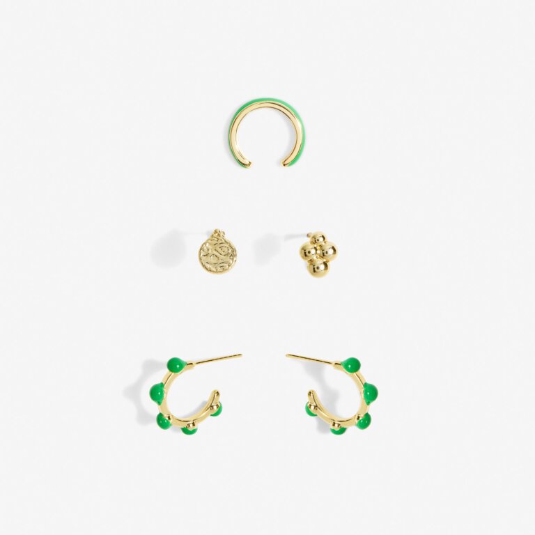 Joma A Little Stacks Of Style Green Enamel Set Of Gold Earrings