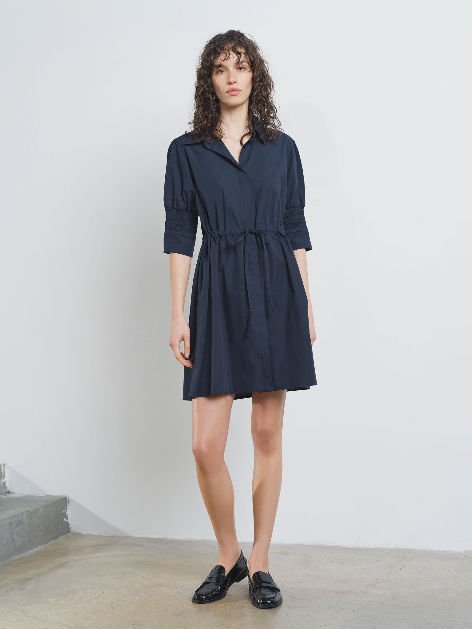 French Connection Cambria Cotton Cinched Waist Dress Navy