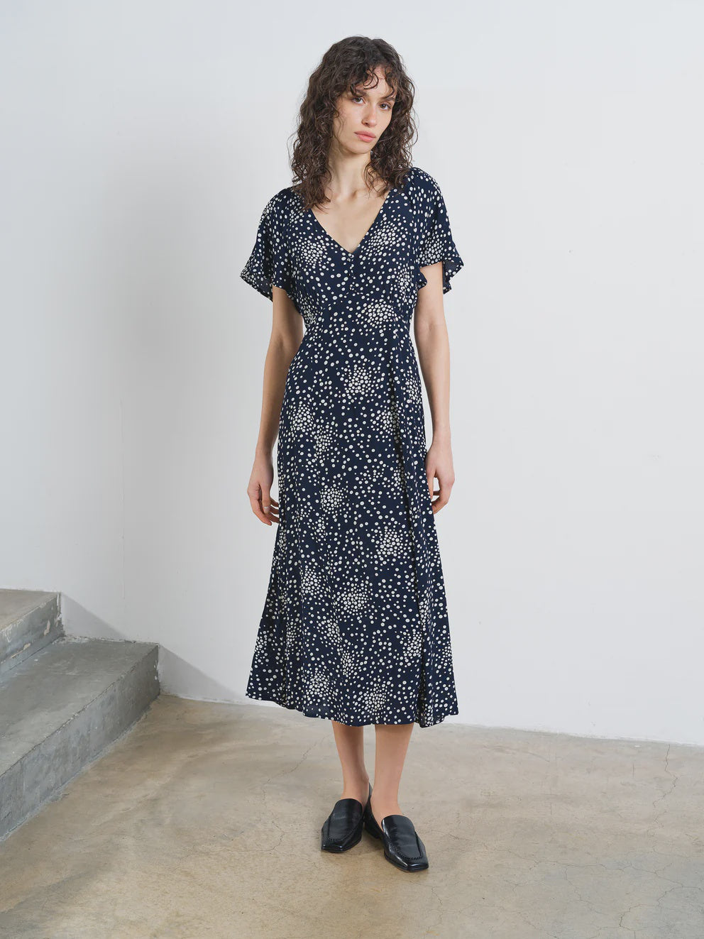 French Connection Thea Lizzie Midi Tea Dress Navy/Porcelain Cream