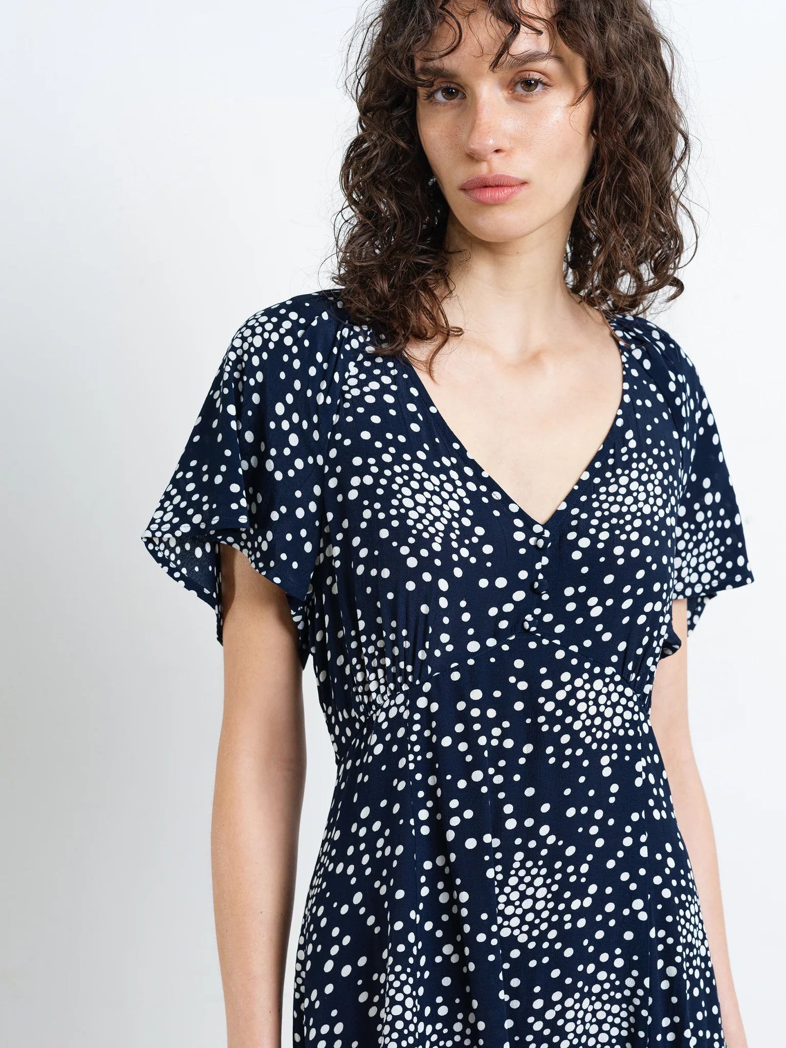 French Connection Thea Lizzie Midi Tea Dress Navy/Porcelain Cream