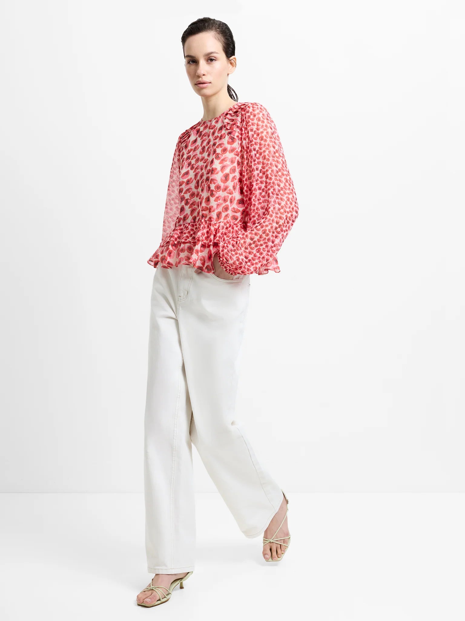 French Connection Poppy Emina Semi Sheer Top Red Multi