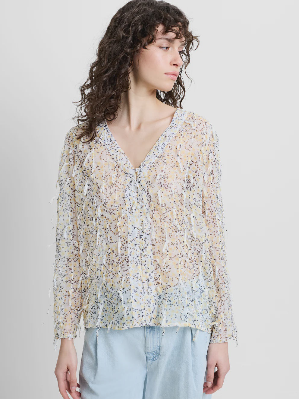 French Connection Bonnie Katelyn Texture Blouse White Yellow Multi