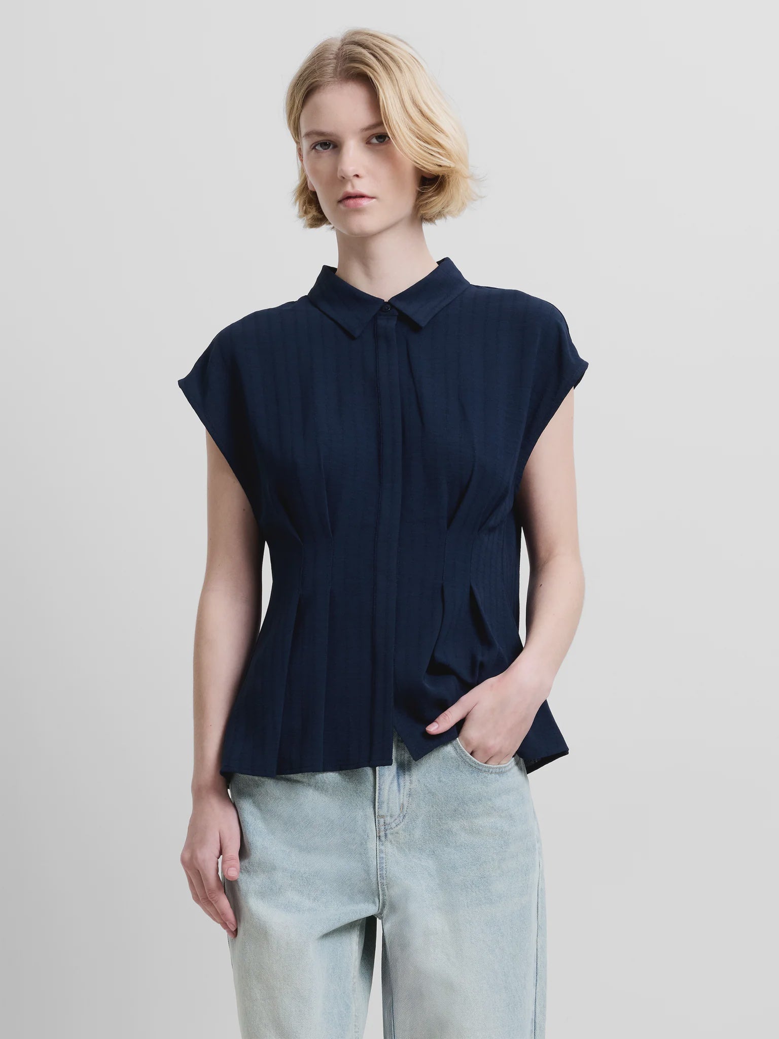 French Connection Codie Pleated Button Down Top Navy
