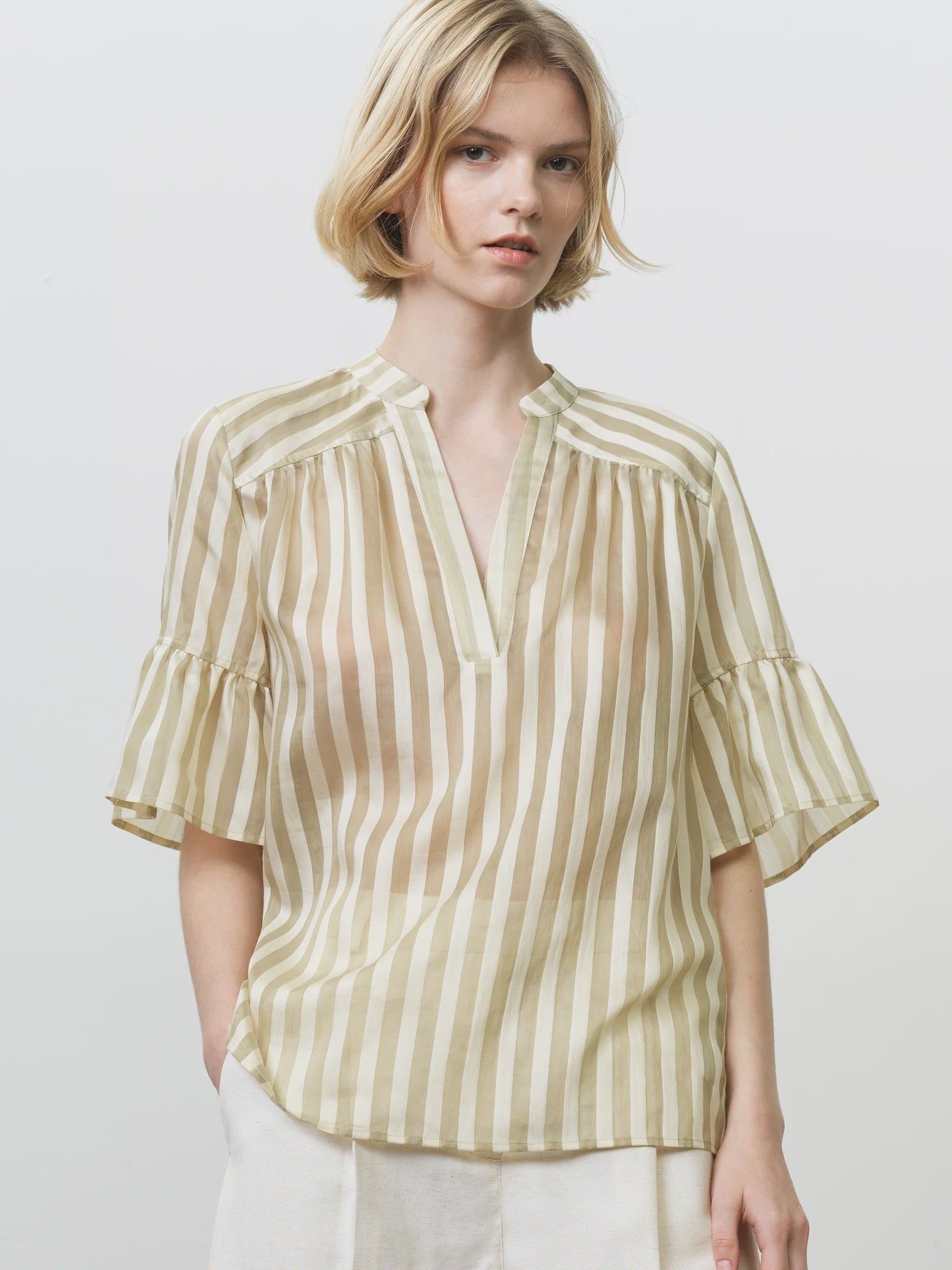 French Connection Adeline Striped Gathered Top Cream-Green