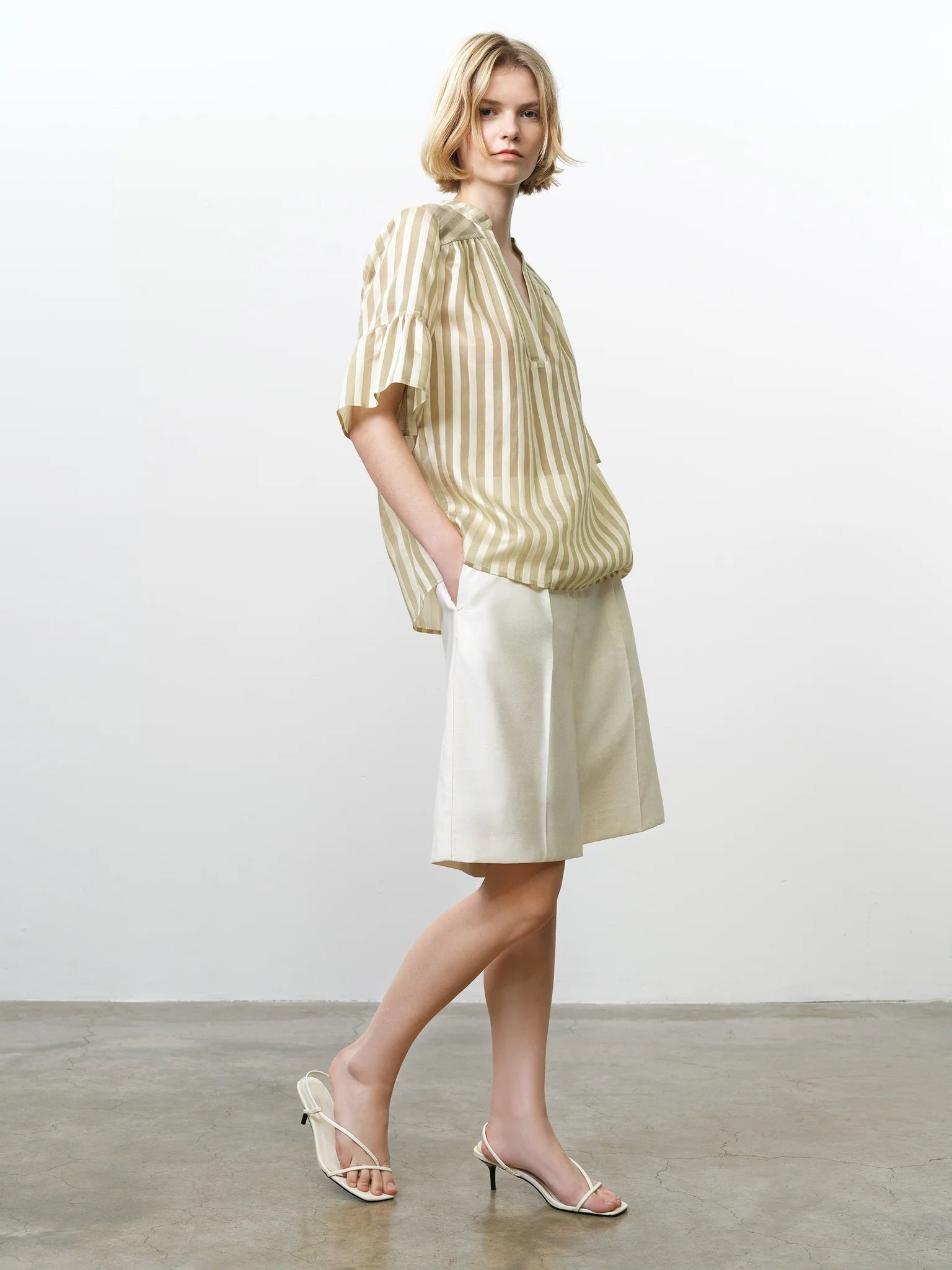 French Connection Adeline Striped Gathered Top Cream-Green